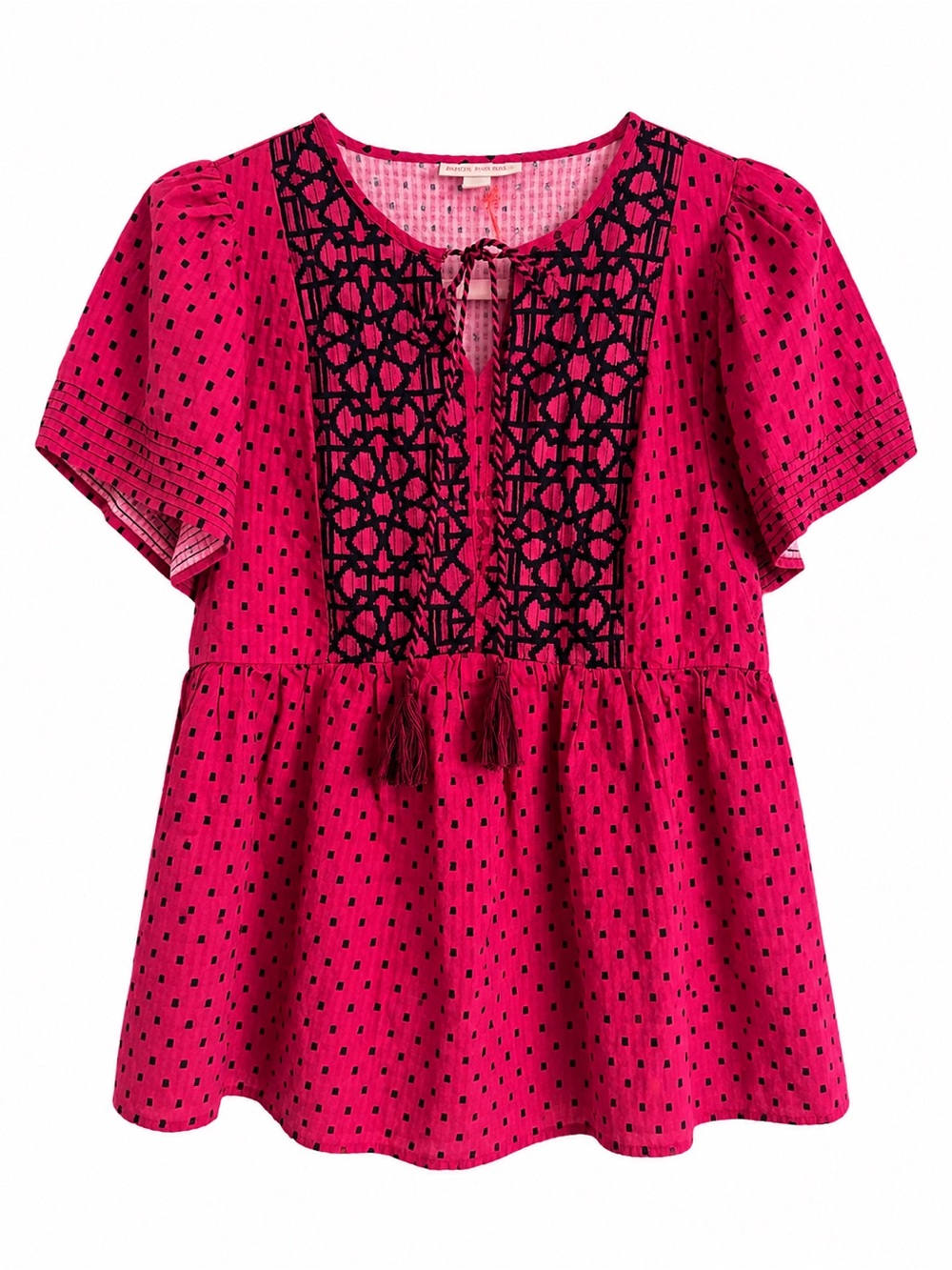 Knox Rose Red Peasant Blouse with Black Embroidery